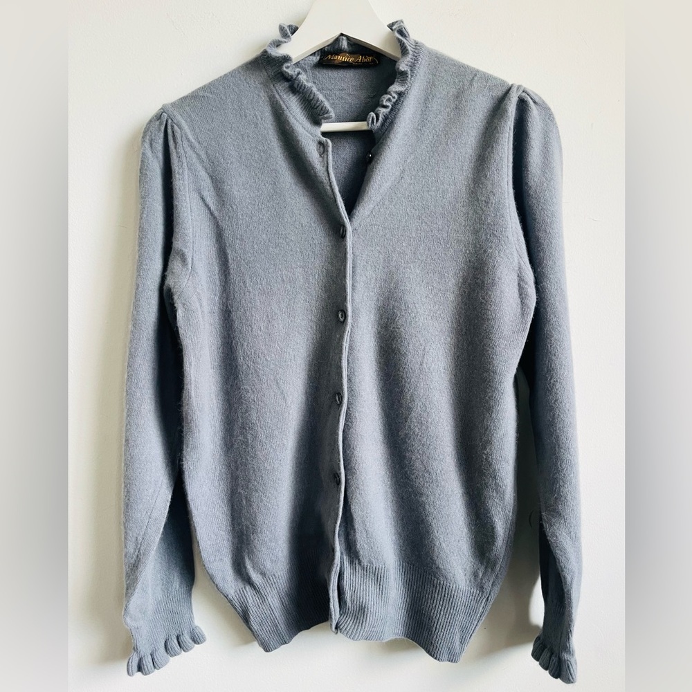 Maurice Abot light dusty blue wool angora cardigan w/ ruffled collar&cuffs sz M